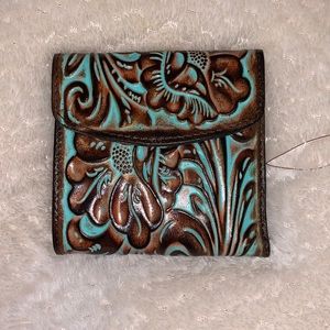 Patricia Nash Tooled Floral Leather Wallet. Turquoise Western